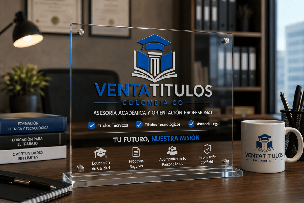 Oficina moderna con logo acrílico de Ventatitulos Colombia relacionado con asesoría académica, títulos técnicos y tecnologías en Colombia